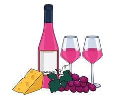 Bottle of rose wine, wine in glasses, cheese and grapes. With an outline. Vector graphic.