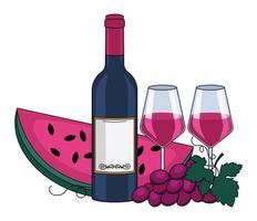 Bottle of red wine, wine in glasses, watermelon and grapes. With an outline. Vector graphic.