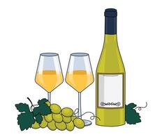 Bottle of white wine, wine in glasses and a grape. With an outline. Vector graphic.