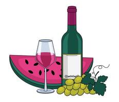 Bottle of red wine, wine in a glass, watermelon and grapes. With an outline. Vector graphic.