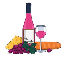 Bottle of rose wine, wine in a glass, cheese, baguette and grape. With an outline. Vector graphics.