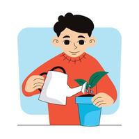 Gardening. Man waters a planted sprout from a watering can. Vector graphic.