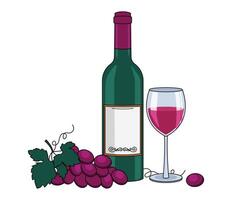 Bottle of red wine, wine in glasses and a grape. With an outline. Vector graphic.