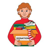 hombre sostiene un caja de artículos para donación. ayuda. ropa, libros, zapatos. vector gráfico.