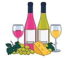 Bottle of rose wine and a bottle of white wine, wine in glasses, cheese and grapes. With an outline. Vector graphic.