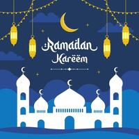 Islamic Ramadan celebration Square template poster design with mosque, and lanterns. Ramadan background vector illustrations