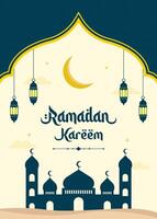 Islamic Ramadan celebration Ramadan Kareem template poster design with mosque, and lanterns. Ramadan background frame vector illustrations