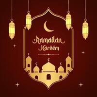 Islamic greetings Ramadan Kareem background design with golden frame, mosque, and lanterns. Ramadan template poster for social media post vector