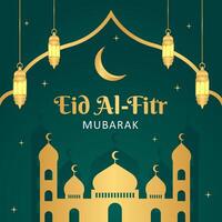 Eid Al-Fitr Mubarak Islamic greetings vector illustrations. Template poster design with gold frame, mosque, and lantern illustration.