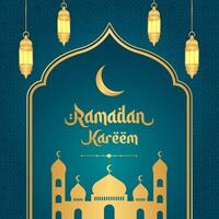 Islamic greetings Ramadan Kareem background design with golden frame, mosque, and lanterns. Ramadan template poster for social media post vector