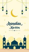 Islamic greetings Ramadan Kareem. Beautiful template poster background design with mosque and lanterns. Ramadan vector illustrations