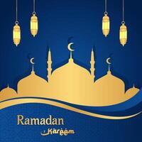 Islamic greetings Ramadan Kareem blue background design with mosque and lanterns. Ramadan square template poster vector