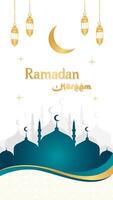 Islamic greetings Ramadan Kareem background design with mosque and lanterns. Ramadan template poster vector