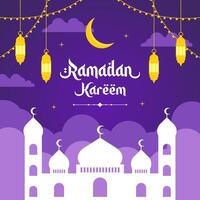 Islamic Ramadan celebration Square template poster design with mosque, and lanterns. Ramadan background vector illustrations