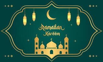 Islamic Ramadan celebration background design with gold frame, mosque, and lanterns. Ramadan template banner vector illustration