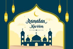 Islamic Ramadan celebration template banner design with mosque, and lanterns. Ramadan background frame vector illustrations