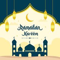 Islamic Ramadan celebration Square template poster design with mosque, and lanterns. Ramadan background frame vector illustrations