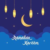 islámico saludos Ramadán Kareem, azul antecedentes diseño con linternas y Luna ilustraciones. Ramadán cuadrado modelo póster vector