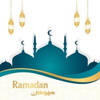 Islamic greetings Ramadan Kareem background design with mosque and lanterns. Ramadan template poster and card vector