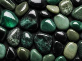 AI generated Beautiful illustration background of round black and green stones, top view. photo