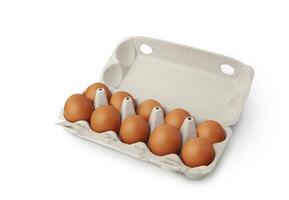 Open egg box with ten brown eggs isolated on white background photo