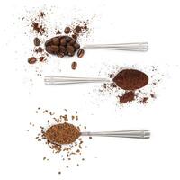 Spoons with coffee beans, powder and instant coffee isolated on white photo