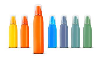 Group of cosmetic spray bottles isolated on a white photo
