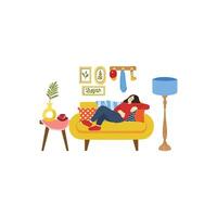 illustration of a woman tried and relaxing in living room vector