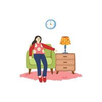 illustration of a woman tried and relaxing in living room vector