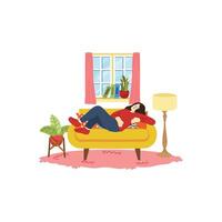 illustration of a woman tried and relaxing in living room vector