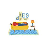 illustration of a man tried and relaxing in living room vector