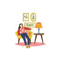 illustration of a woman tried and relaxing in living room vector