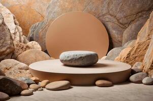 AI generated Large rock on a circular platform, surrounded by other rocks on peach background photo