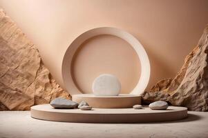 AI generated Large rock on a circular platform, surrounded by other rocks on peach background photo