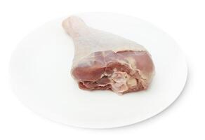 One RAW turkey leg on a white plate photo