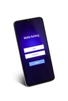 teléfono inteligente con el solicitud para usado personal nombre de usuario y contraseña para cuenta móvil bancario foto