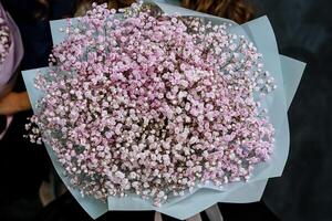 un grande festivo ramo de flores de suavemente púrpura, rosado y blanco gipsófila. el flores son envuelto en azul embalaje papel. foto