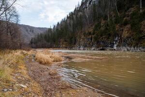 View of the river by the rocks, on which green pines and spruces grow densely. Autumn landscape in the mountains, the onset of cold weather. photo