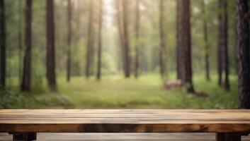 AI generated Beautiful blurred boreal forest background view with empty rustic wooden table for mockup product display. Picnic table with customizable space on table-top for editing. Flawless photo