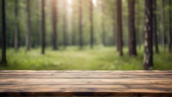 AI generated Beautiful blurred boreal forest background view with empty rustic wooden table for mockup product display. Picnic table with customizable space on table-top for editing. Flawless photo