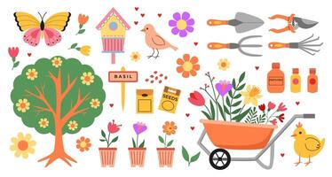 Spring gardening works. Blossom time. Early spring farming. Garden tools, wheelbarrow, seeds, plants, fertilizer, flowers. Hand drawn. Vector drawings isolated on white.