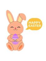 Cute Easter bunny with Easter egg and speech bubble. Happy Easter lettering. Greeting card, flyer, invitation, background. Easter spring holidays. Eggs hunt. vector