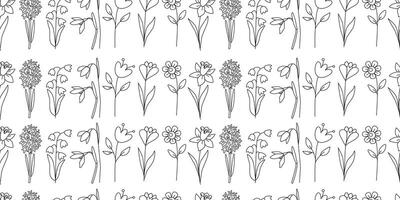 Linear spring floral seamless pattern. Botanical drawing. Woman's day, mother's day, wedding. Line art. Coloring book. Background, digital paper. vector