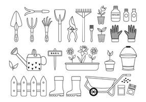 Linear gardening icons and doodles. Spring farming works. Garden tools, watering can, bucket, wheelbarrow, seeds, plants in pots, fertilizer, boots, gloves. Line art. Coloring page. vector