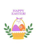 Colorful Easter eggs in basket isolated on white background. Happy Easter lettering and inscription. Spring time. Eggs hunting. Colorful festive greeting card, invitation, flyer, background. vector