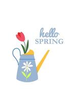 Colorful hand drawn watering can with tulip. Hello spring inscription. Spring time celebration. Gardening. Greeting card, poster, banner, placard, background. vector