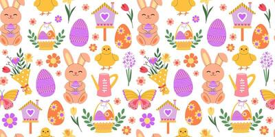 Cute Easter bunnies, chicks and colorful eggs seamless pattern. Easter spring holidays. Flowers and Easter basket. Eggs hunt. Background, digital and wrapping paper. vector