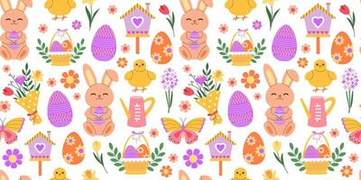 Cute Easter bunnies, chicks and colorful eggs seamless pattern. Easter spring holidays. Flowers and Easter basket. Eggs hunt. Background, digital and wrapping paper. vector