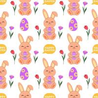 Cute Easter bunny with flowers. Spring floral seamless pattern, background, backdrop, digital and wrapping paper. vector