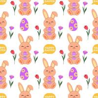 Cute Easter bunny with flowers. Spring floral seamless pattern, background, backdrop, digital and wrapping paper. vector